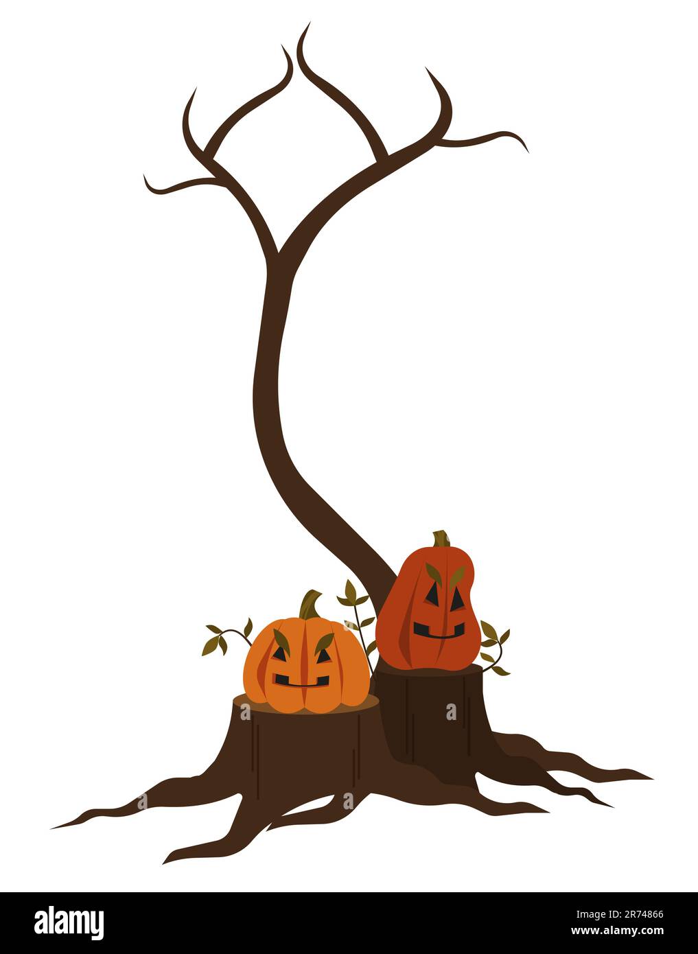Zucche su ceppi, albero autunnale senza foglie. Oggetto isolato di Halloween su sfondo bianco. Disegno vettoriale piatto. Illustrazione Vettoriale