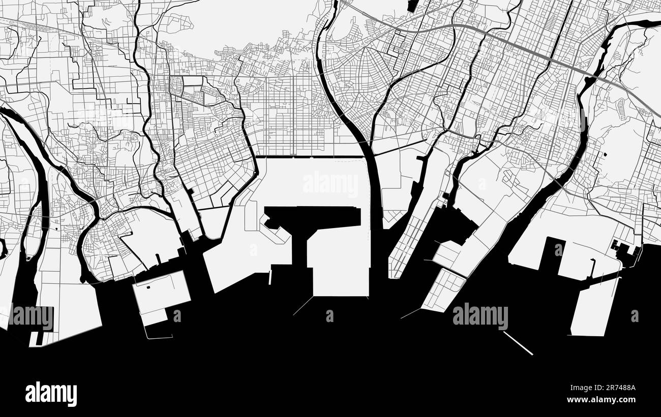 Mappa della città di Himeji. Poster in bianco e nero urbano. Immagine della mappa stradale con vista dell'area verticale della città metropolitana. Illustrazione Vettoriale