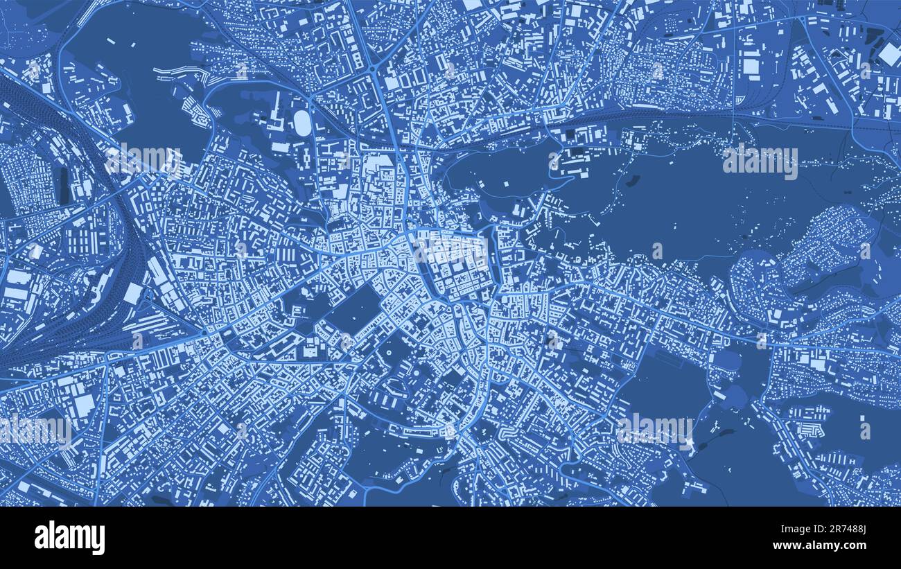 Mappa vettoriale di sfondo dell'area della città di Leopoli blu, illustrazione cartografica delle strade e dell'acqua. Proporzioni widescreen, roadmap digitale con design piatto. Illustrazione Vettoriale