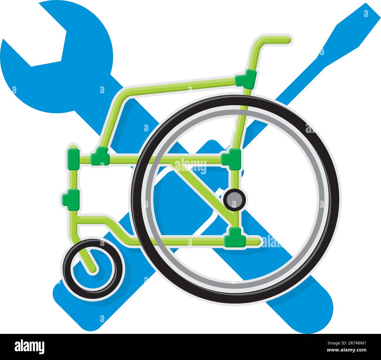 Icona generica della sedia a rotelle sopra il cacciavite e la chiave Illustrazione Vettoriale