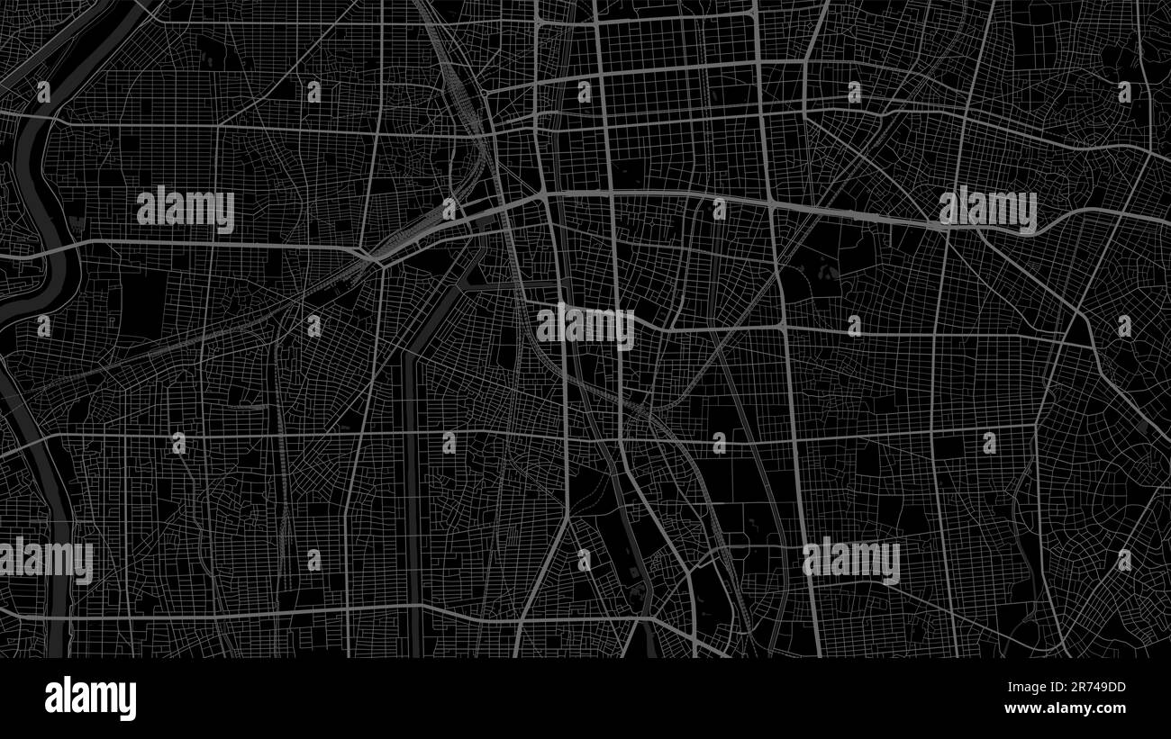 Mappa della città di Nagoya. Poster in bianco e nero urbano. Immagine della mappa stradale con vista dell'area verticale della città metropolitana. Illustrazione Vettoriale