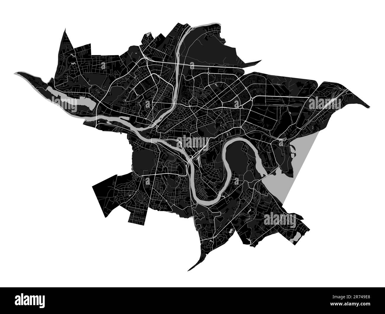 Mappa della città di Kaunas, mappa dettagliata dei confini amministrativi municipali in bianco e nero. Fiume Neman e Neris, strade e ferrovia. Illustrazione vettoriale. Illustrazione Vettoriale