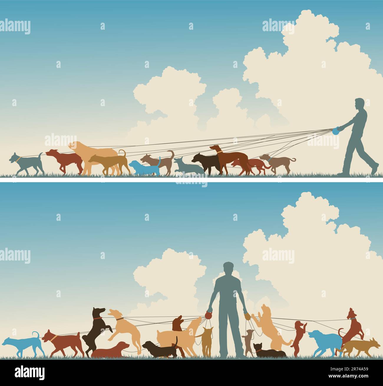 Due colorate silhouette in primo piano di un uomo a piedi molti cani Illustrazione Vettoriale