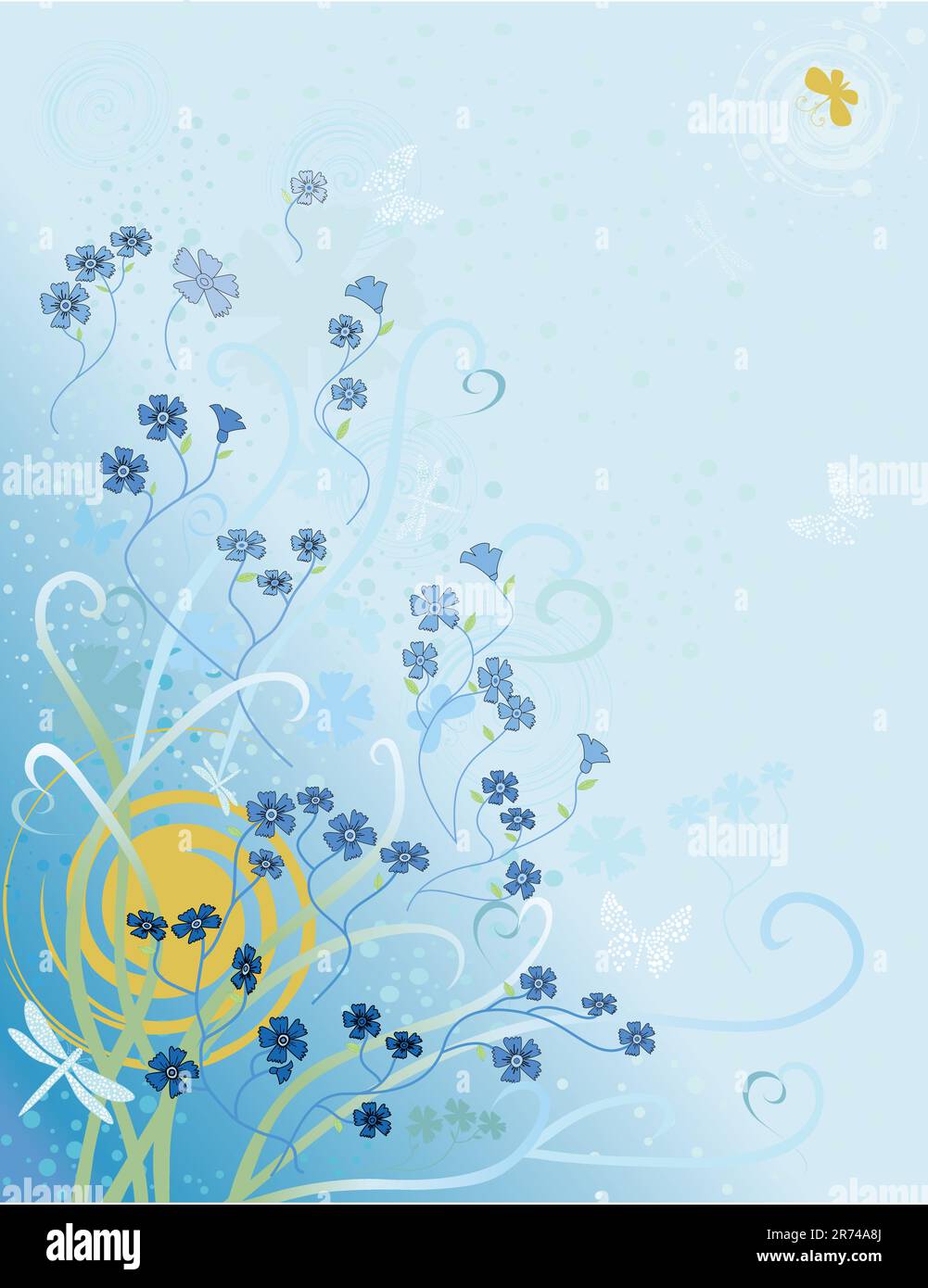 Fiori astratti e farfalle su sfondo blu Illustrazione Vettoriale