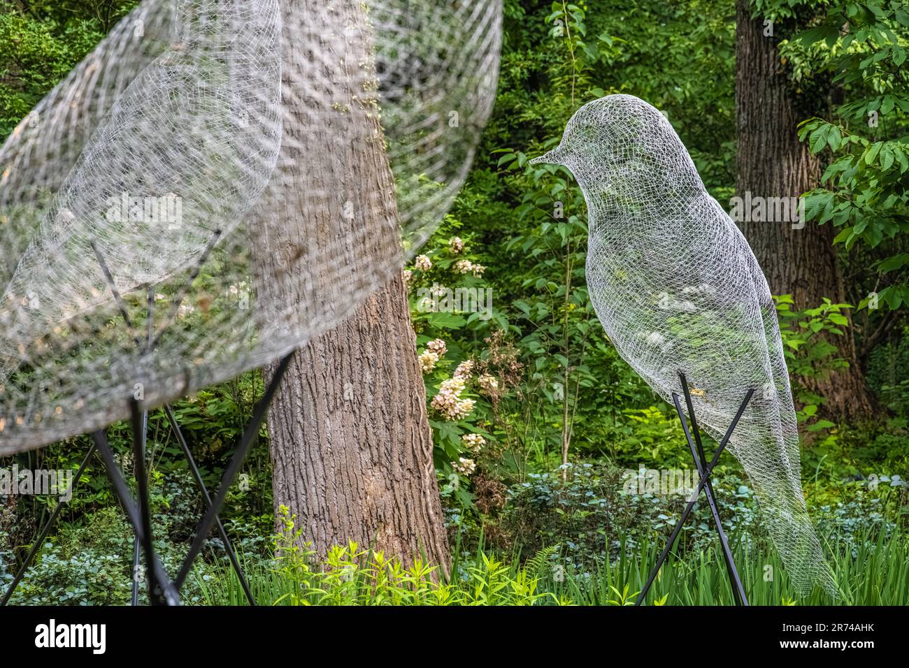 Sculture di uccelli in rete metallica nel giardino delle camere Ann Cox presso l'Atlanta Botanical Garden a Midtown Atlanta, Georgia. (USA) Foto Stock