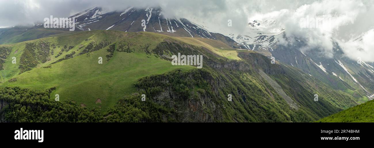 Panorama di montagna. Le montagne sono separate da zone climatiche, da prati e boschi a cime innevate. Foto Stock