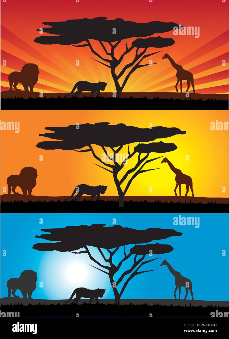 illustrazione vettoriale di paesaggi africani con animali Illustrazione Vettoriale