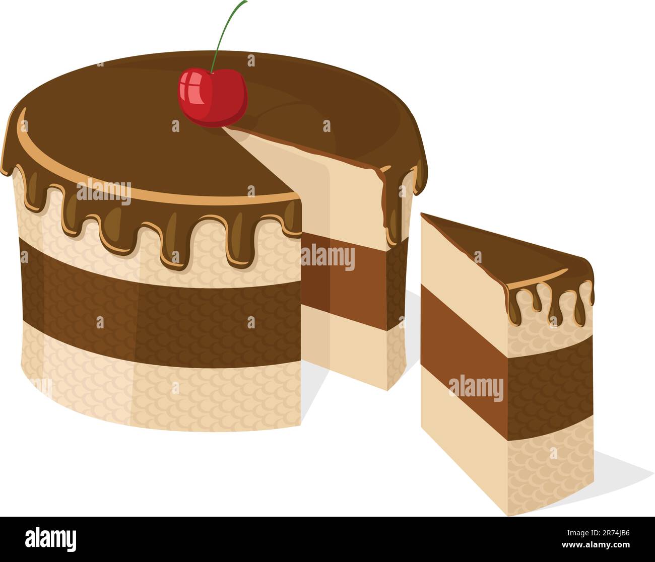 Torta al cioccolato vettoriale a fette con deliziosa ciliegia per compleanno, matrimonio, ecc.. Illustrazione Vettoriale