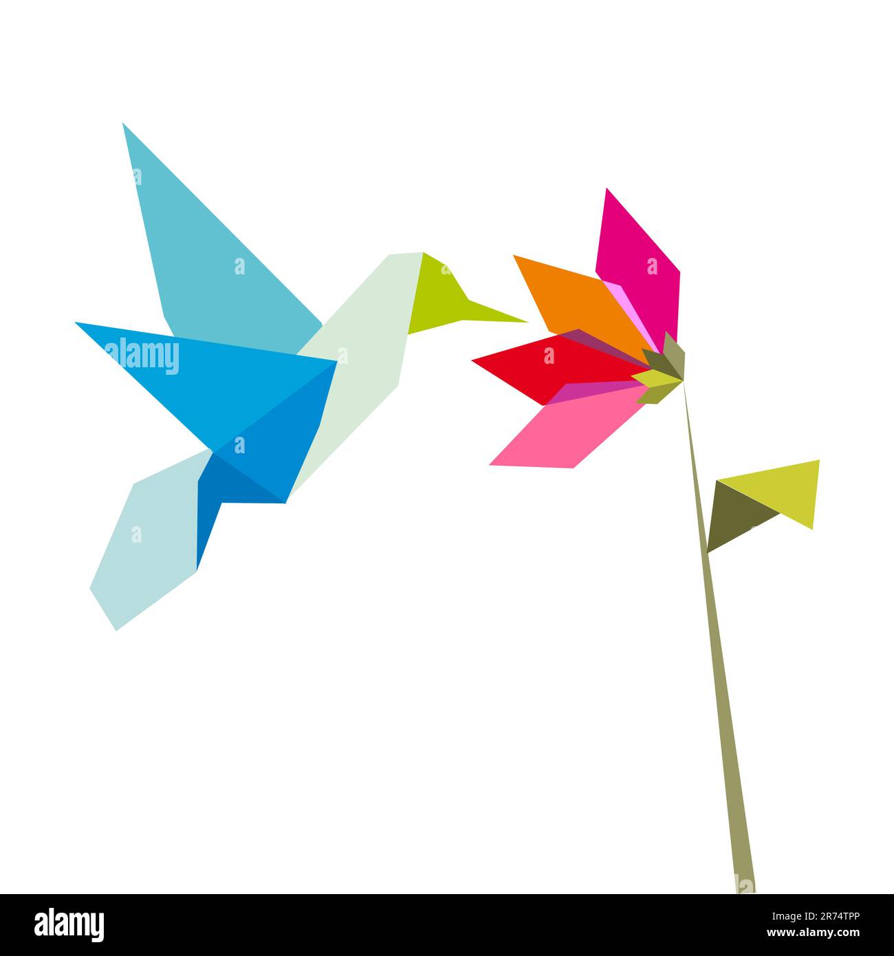 Origami colori pastello hummingbird e fiore su sfondo bianco. File vettoriale disponibile. Illustrazione Vettoriale