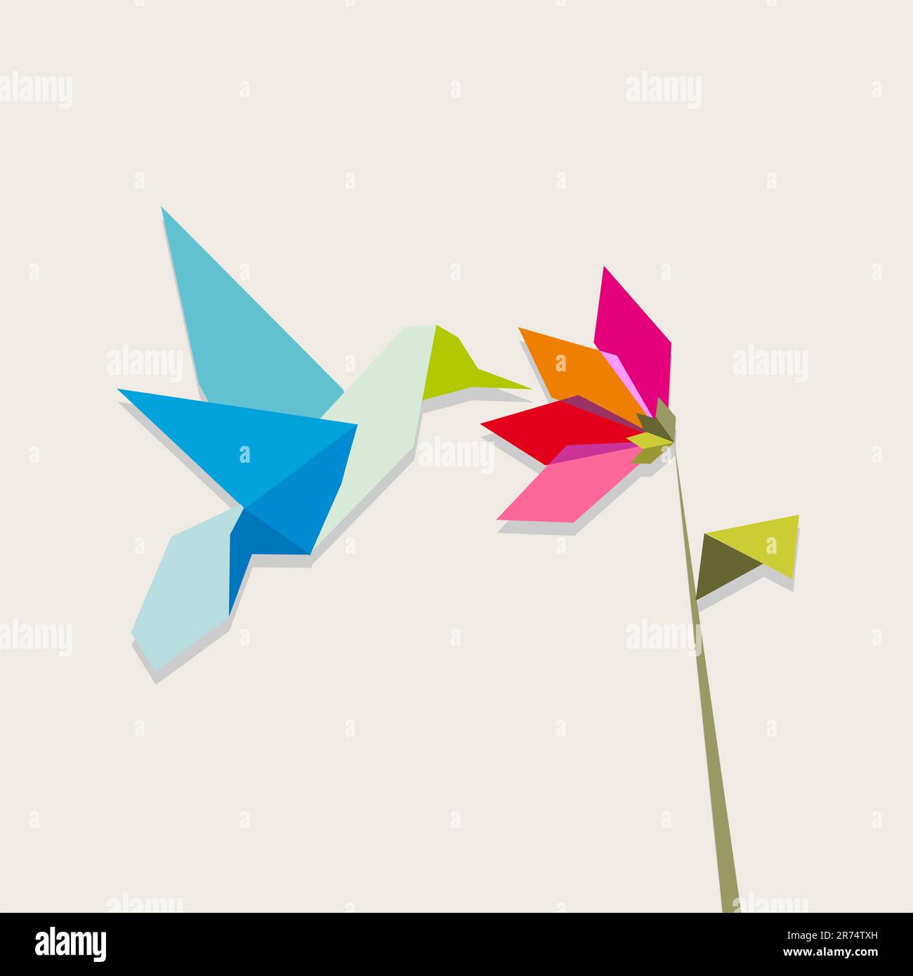 Origami colori pastello hummingbird e fiore di colore pastello sfondo. File vettoriale disponibile. Illustrazione Vettoriale