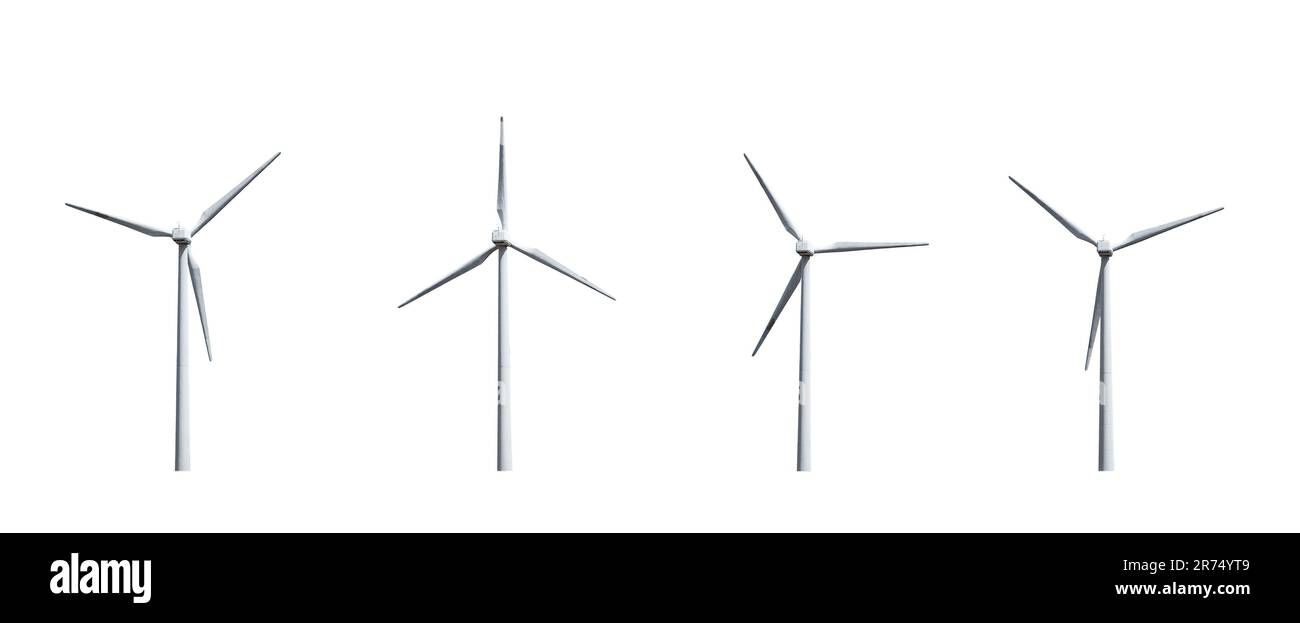 Quattro turbine eoliche isolate su sfondo bianco Foto Stock