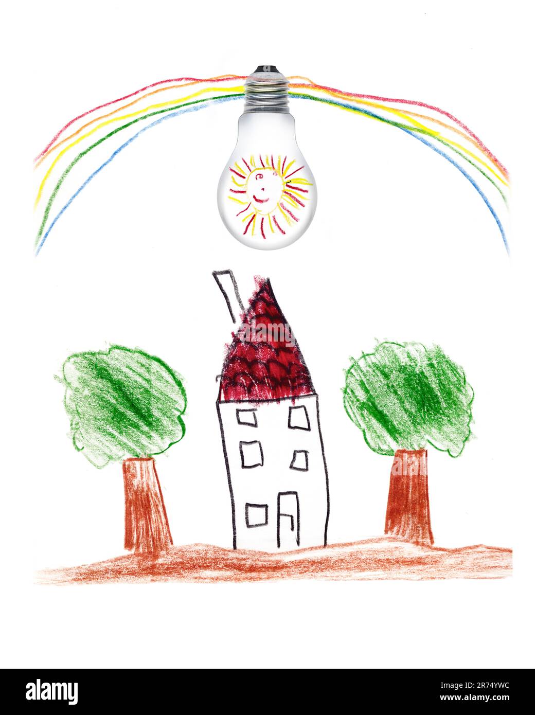 Energia elettrica sostenibile per una casa di famiglia come componendo con bambini disegno Foto Stock