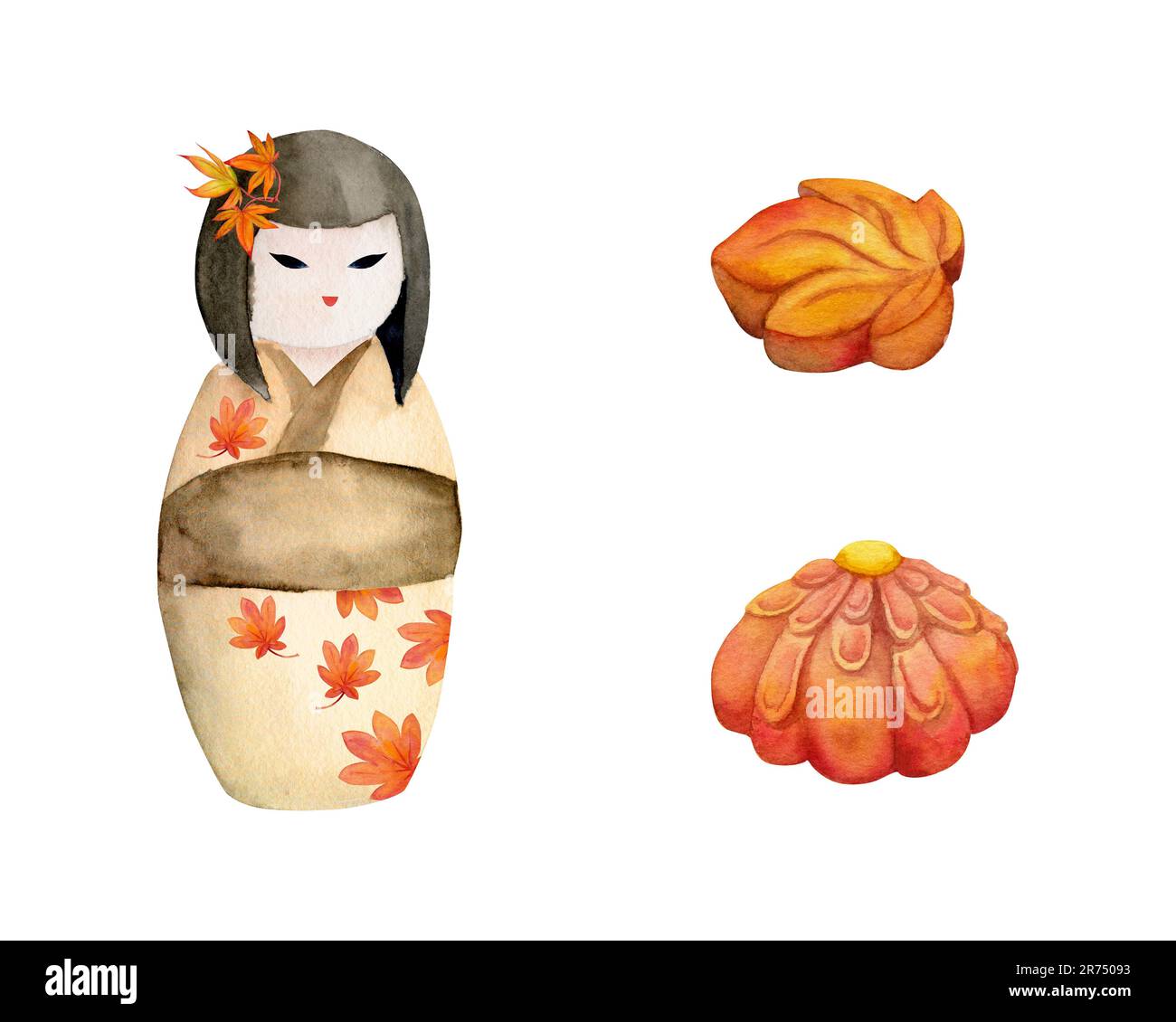 Acquerello, dolci giapponesi tradizionali disegnati a mano. Wagashi autunnale con bambola kokeshi. Isolato su sfondo bianco. Design per inviti, ristorante Foto Stock