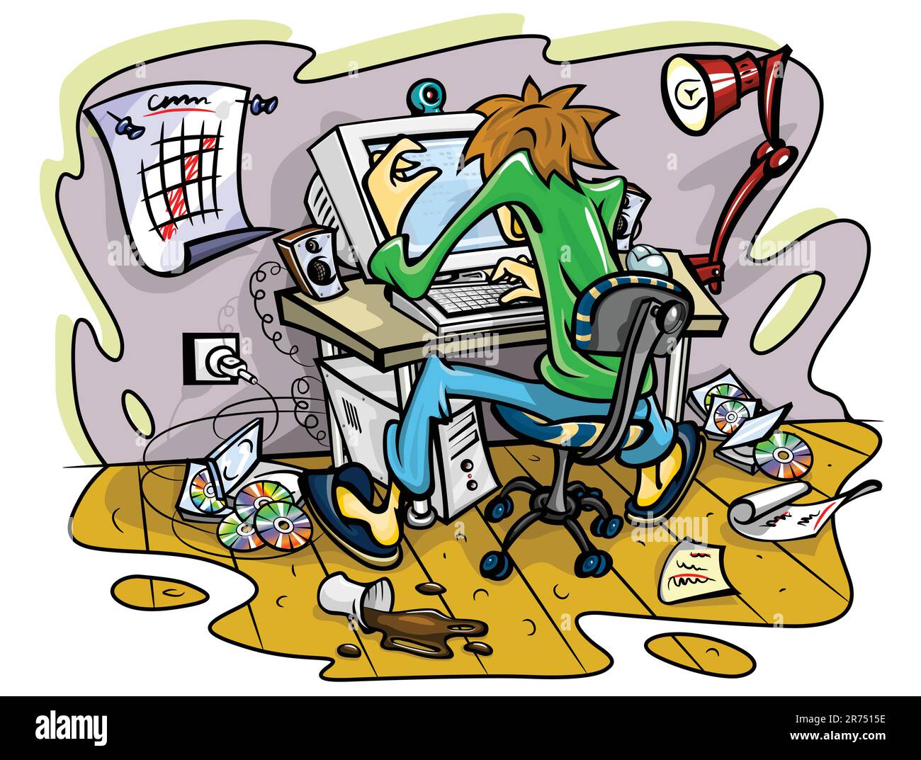 hacker che lavora su un computer in un'illustrazione vettoriale di jumble room Illustrazione Vettoriale