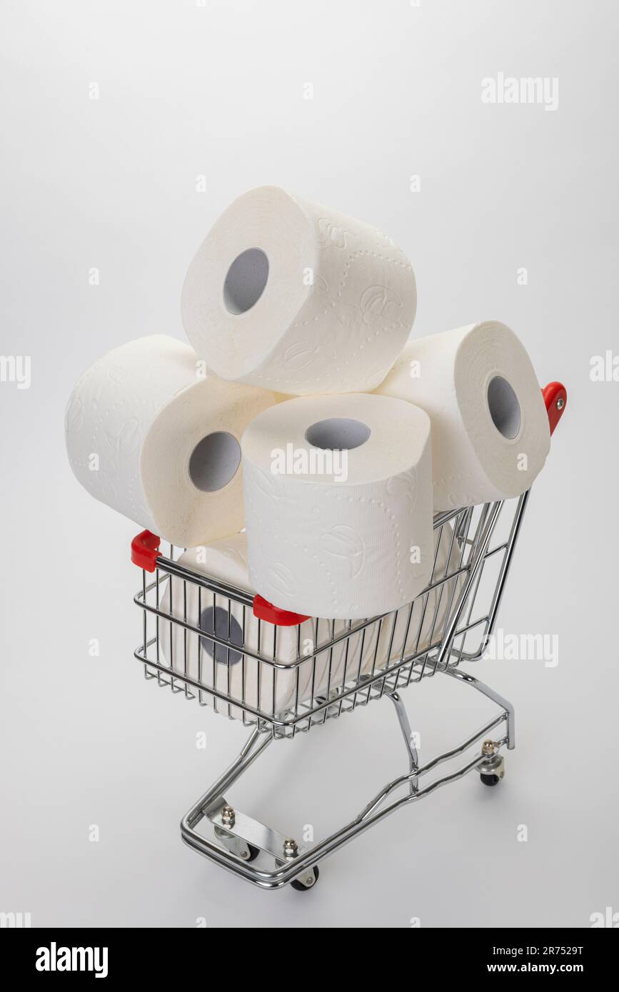 Rotoli di carta igienica nel carrello della spesa, immagine simbolo, acquisti in cartoncino, sfondo bianco, Foto Stock