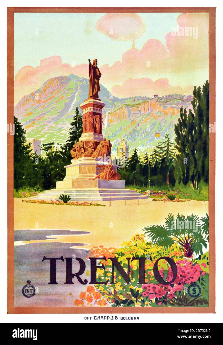 Poster d'epoca per viaggi in Italia Alpi di Trento Monumento alle ferrovie Dante ENIT, anni '1920 - artista sconosciuto. Foto Stock