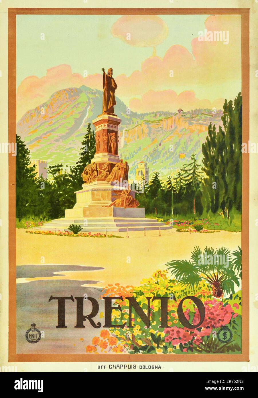 Poster d'epoca per viaggi in Italia Alpi di Trento Monumento alle ferrovie Dante ENIT, anni '1920 - artista sconosciuto. Foto Stock