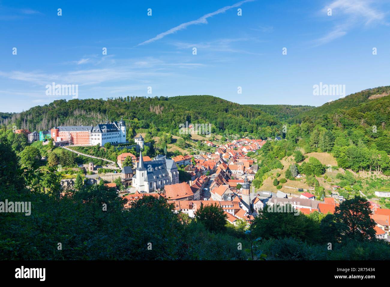 Südharz, Schloss Stolberg Castello, chiesa di San Martini, torre Saigerturm, frazione Stolberg a Harz, Sassonia-Anhalt, Germania Foto Stock