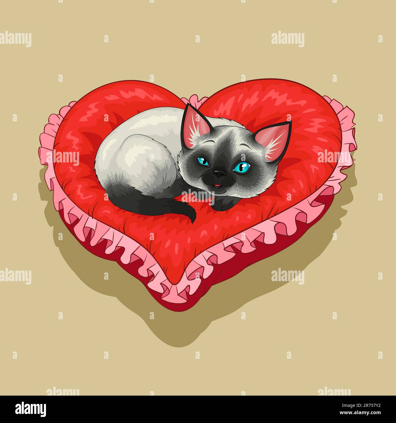 Siam kitty è sdraiato su un cuore rosso Cuscino sagomato. Illustrazione Vettoriale