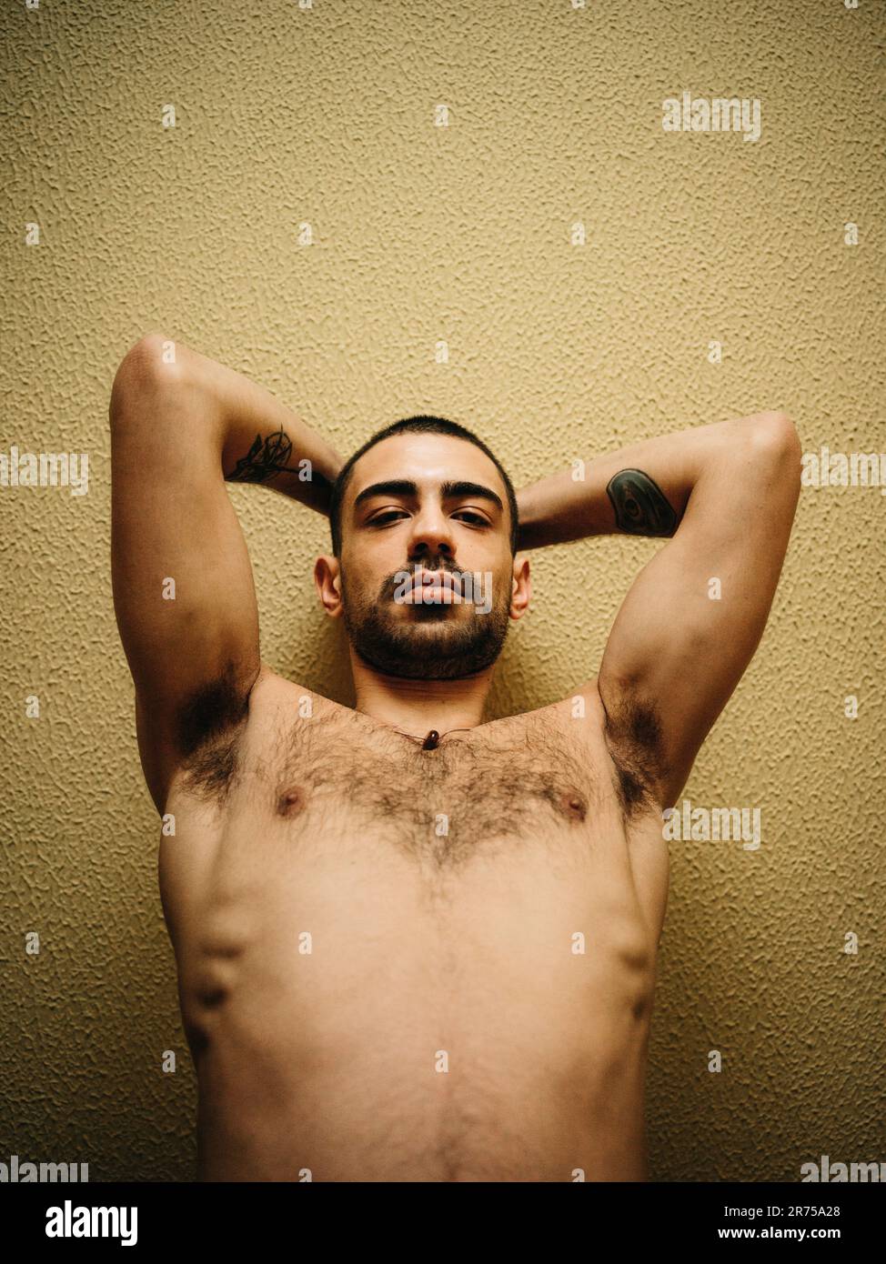 Uomo, parte superiore del corpo libera, gesto, braccia, testa, mezzo ritratto Foto Stock