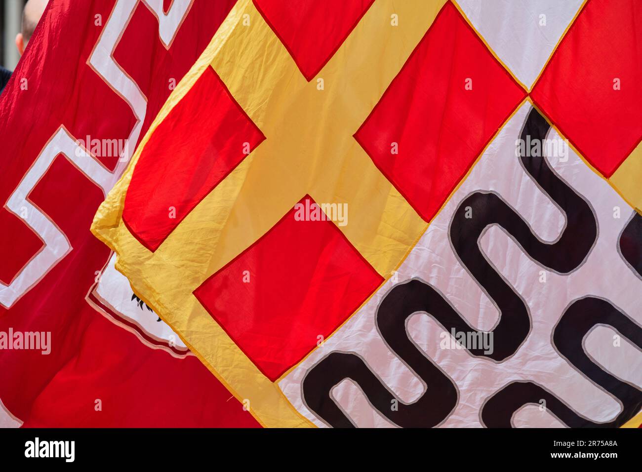 Italia, Toscana, Arezzo, dettaglio delle bandiere storiche durante uno spettacolo di bandiere nella piazza principale di arezzo, Piazza Grande Foto Stock