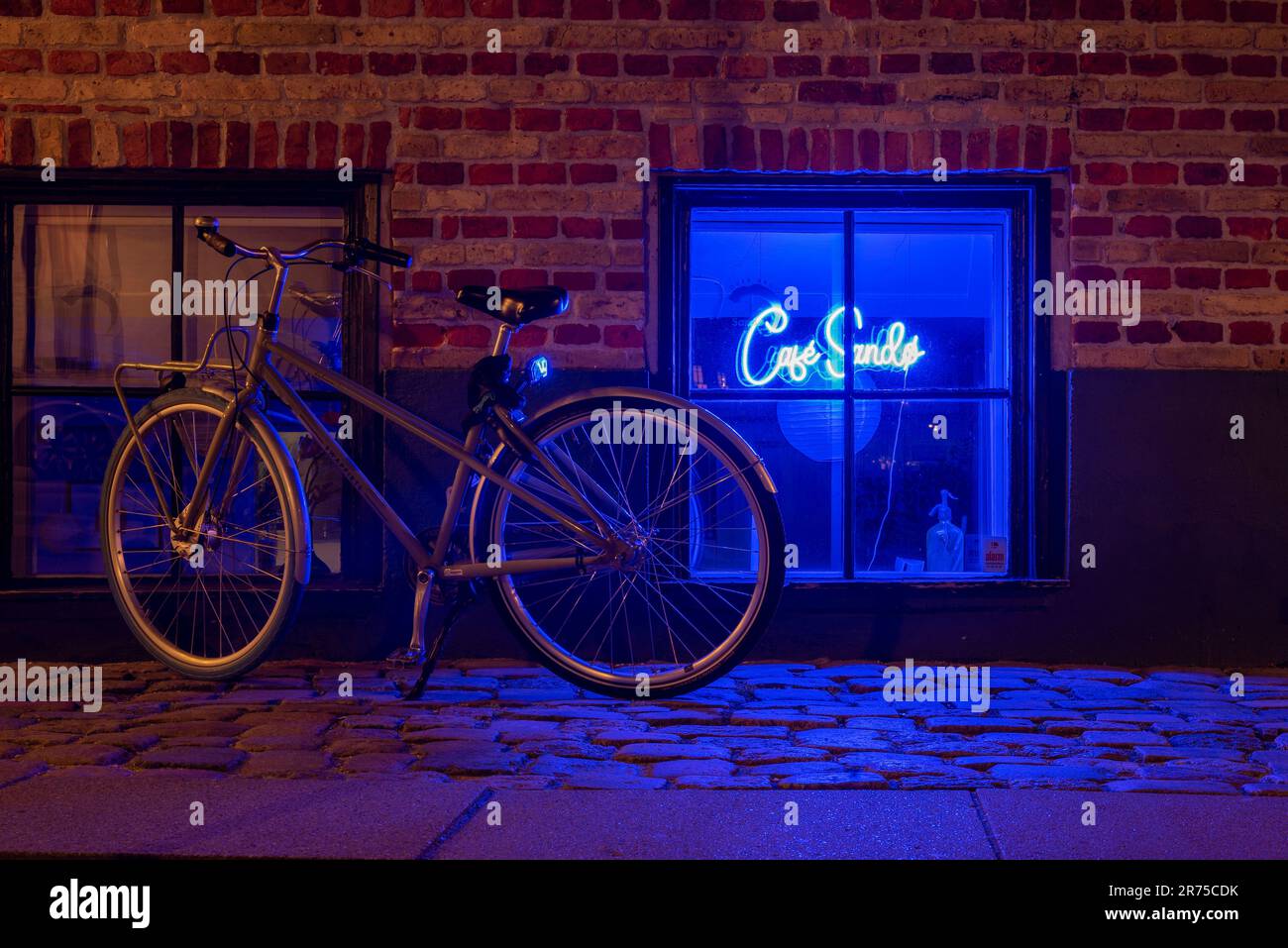 Bicicletta, finestra, insegna al neon per caffè, Copenhagen, Danimarca Foto Stock