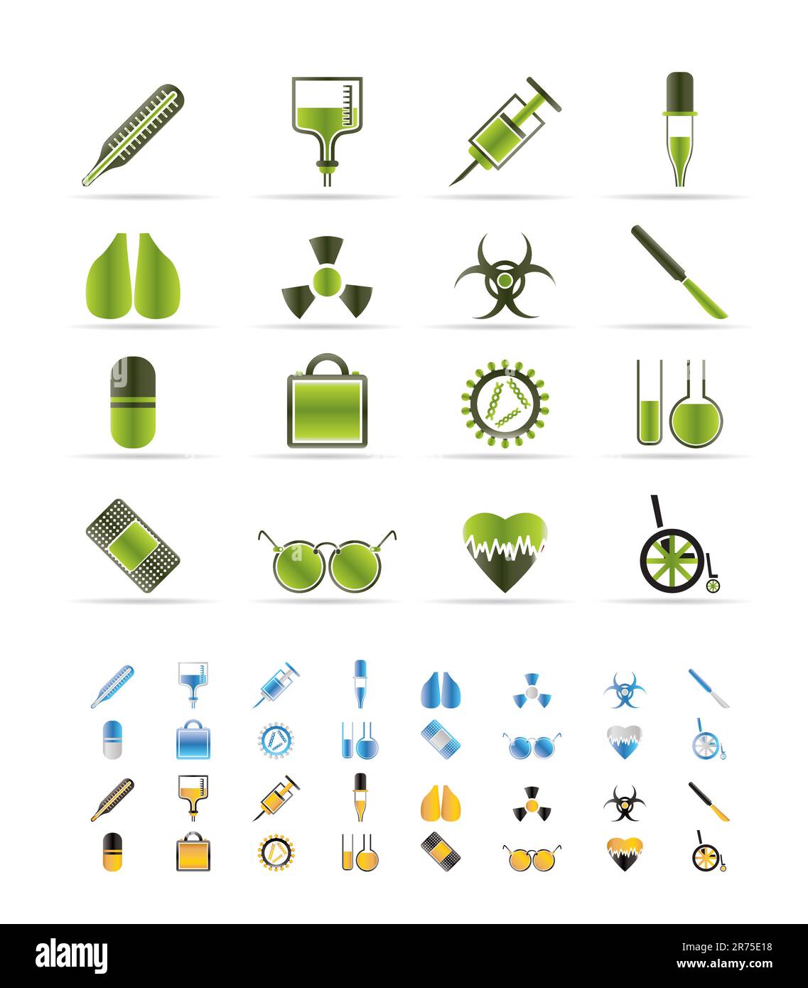 Collezione di strumenti medici a tema e icone di avvertenza-segni vettore icon set - 3 colori incluse Illustrazione Vettoriale