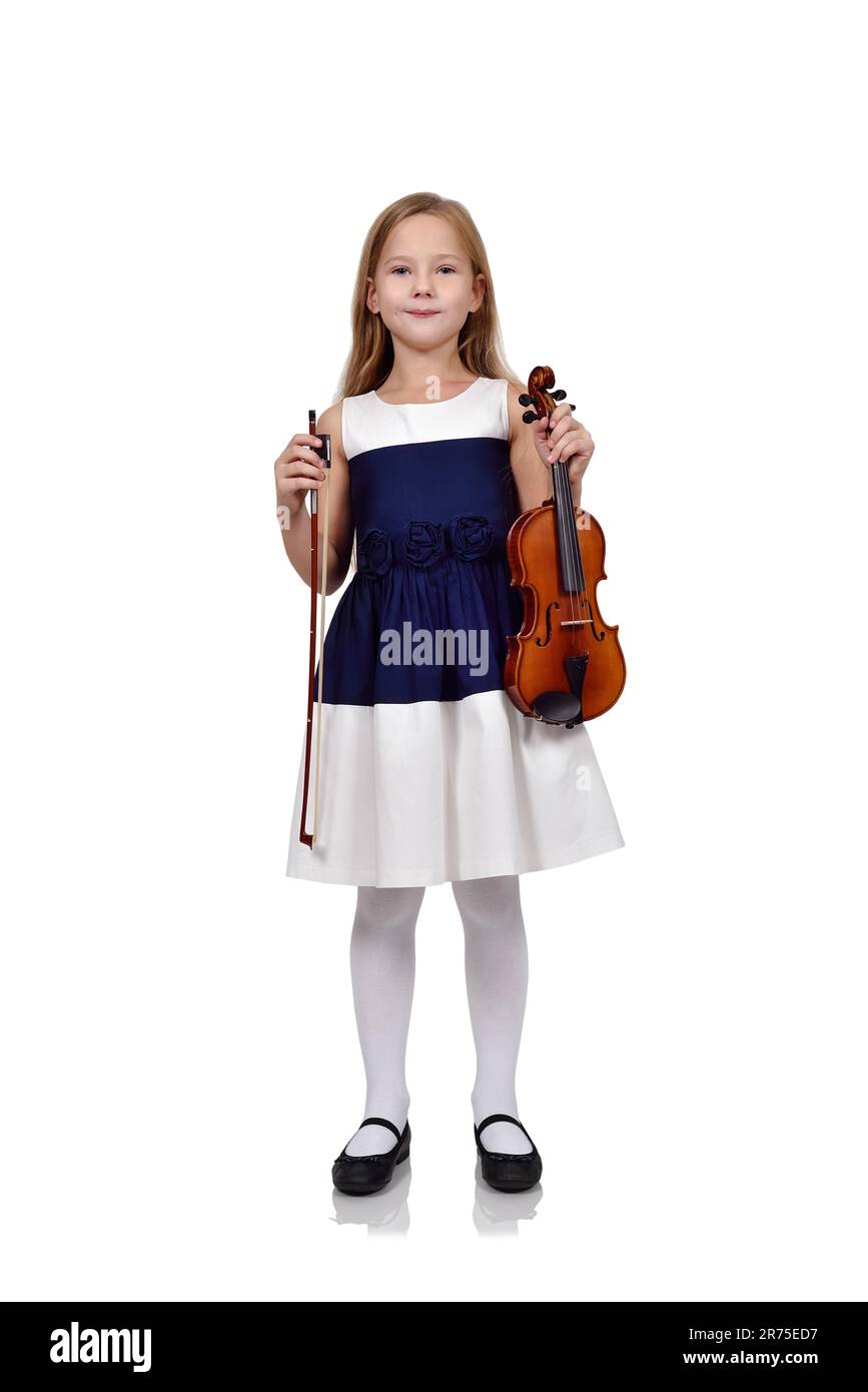 ragazza con violino su sfondo bianco Foto Stock