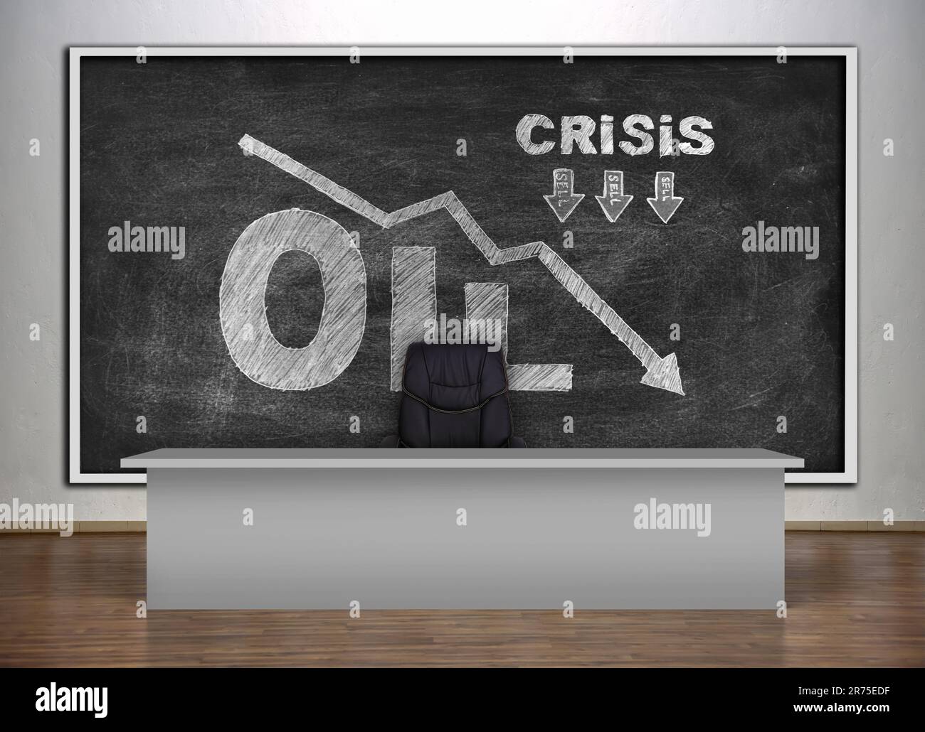 sala di presentazione in un'università e lavagna a gesso con disegno di crisi petrolifera Foto Stock