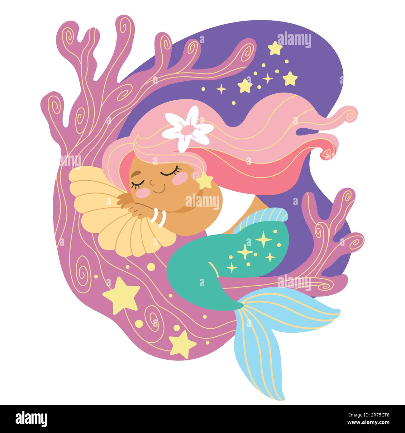 Carino cartone animato sonnolento rosa capelli sirena carattere. Illustrazione di cartoni animati vettoriali in stile piatto isolato su sfondo bianco. Per stampa, disegno, poster Illustrazione Vettoriale