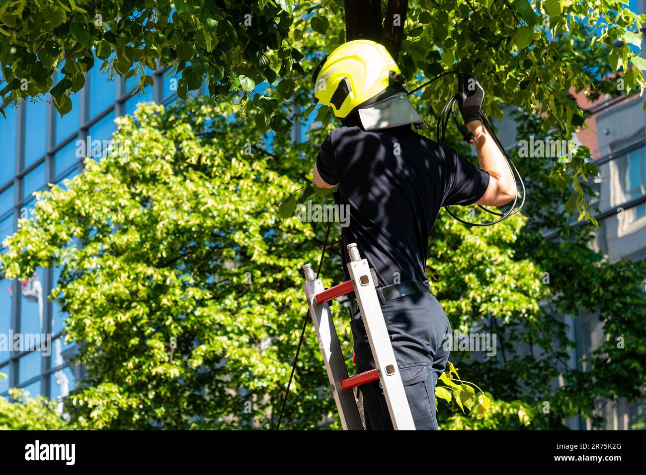 Un uomo del servizio di soccorso in un casco giallo tira il filo mentre si trova su una scala mobile. Foto Stock