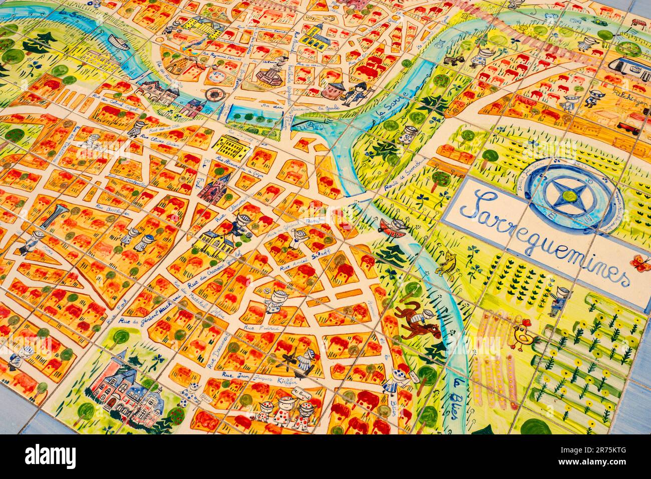 Mappa della città su piastrelle, Saargemünd, Saar, Grand Est, Alsazia-Champagne-Ardenne-Lorena, Francia Foto Stock