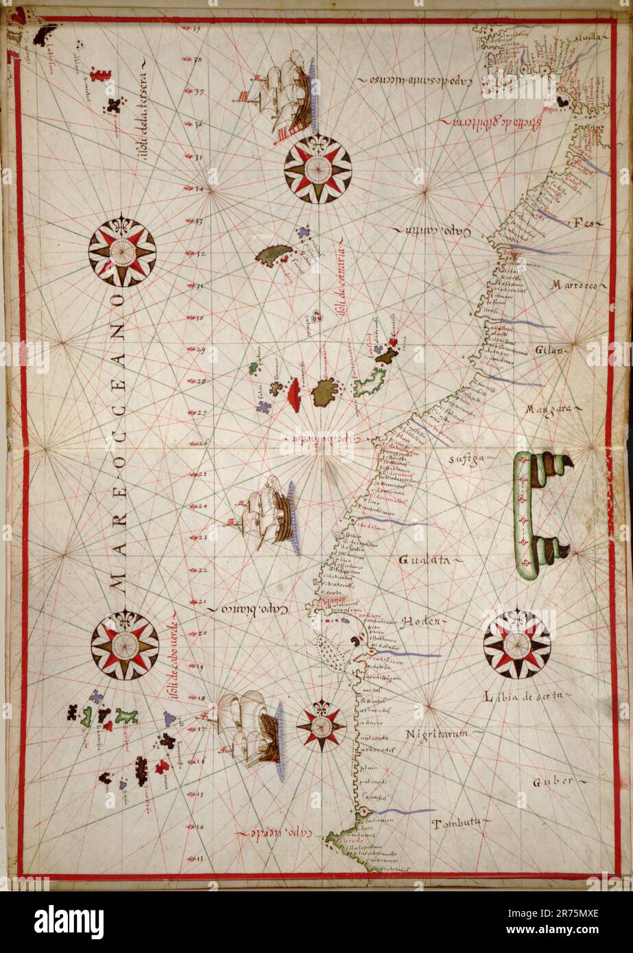 atlante Portolano dell'Europa Occidentale e delle Isole Britanniche 1590 penna e inchiostro e acquerello su pergamena Foto Stock