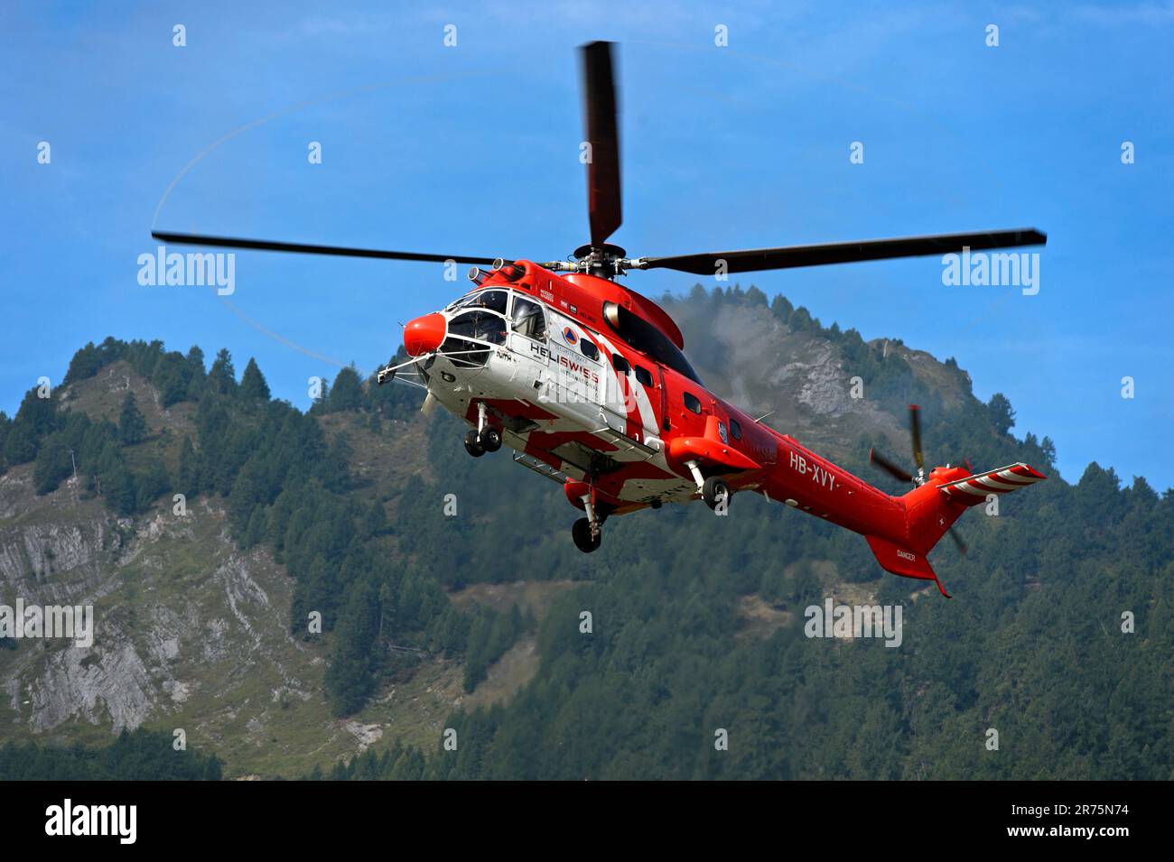 Elicottero da trasporto multiuso AS 332 Super Puma C1 HB-XVY di Heliswiss International AG in volo in Vallese, Svizzera Foto Stock