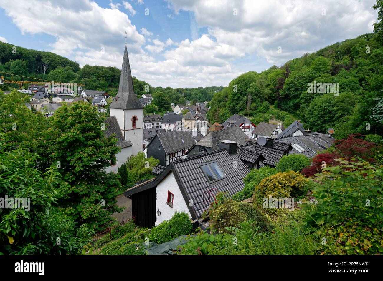 vista sulla città storica di eifel, blankenheim, vista dal punto panoramico del castello Foto Stock