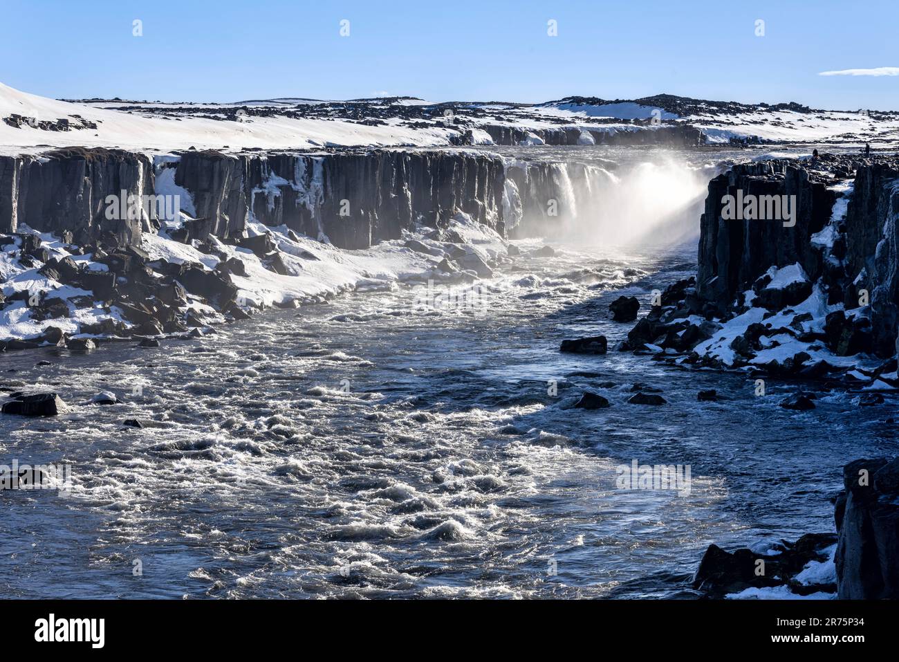 Vista invernale della cascata di Sellfoss nel nord dell'Islanda Foto Stock