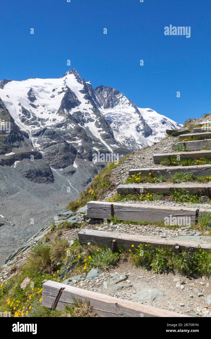 Scale per il Pasterze, Großglockner e innevato catena montuosa sullo sfondo Foto Stock