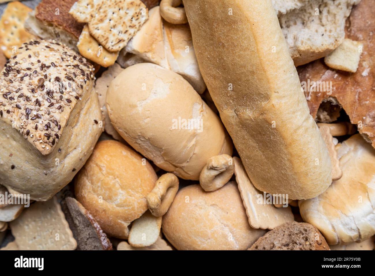 Italia, grande quantità di pane raffermo in diversi formati, scarti alimentari, cibo non consumato Foto Stock
