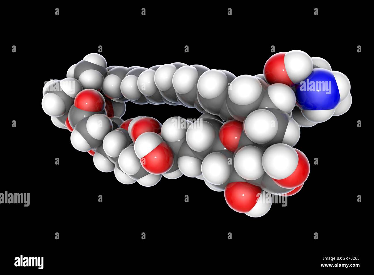 Molecola di farmaco antifungina B amfotericina. La formula chimica è C47H73NO17. Gli atomi sono rappresentati come sfere: Carbonio (grigio), idrogeno (bianco), azoto ( Foto Stock