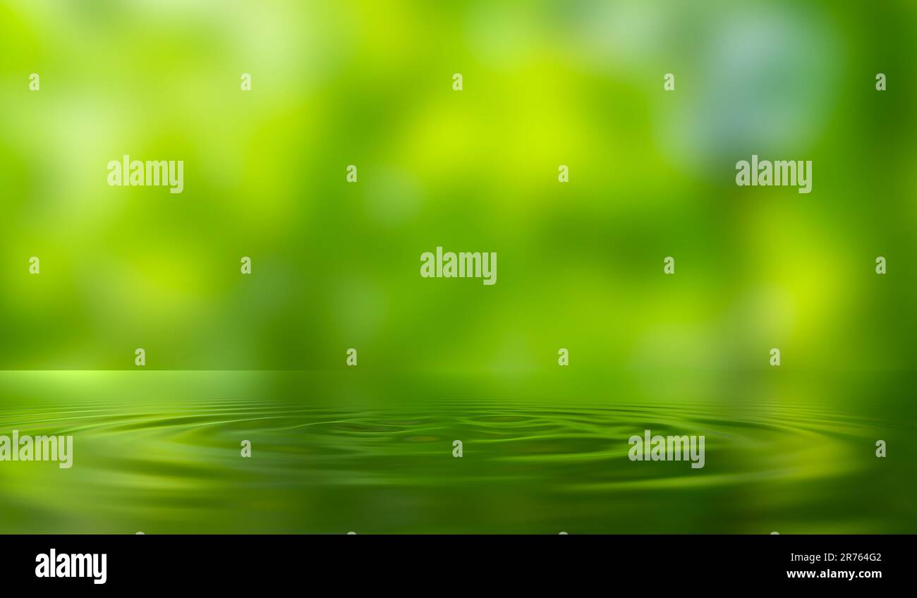 Gocce d'acqua su sfondo verde natura primo piano de-focalizzato di verde menta trasparente trasparente acqua calma superficie texture con spruzzi e bolle. Tre Foto Stock