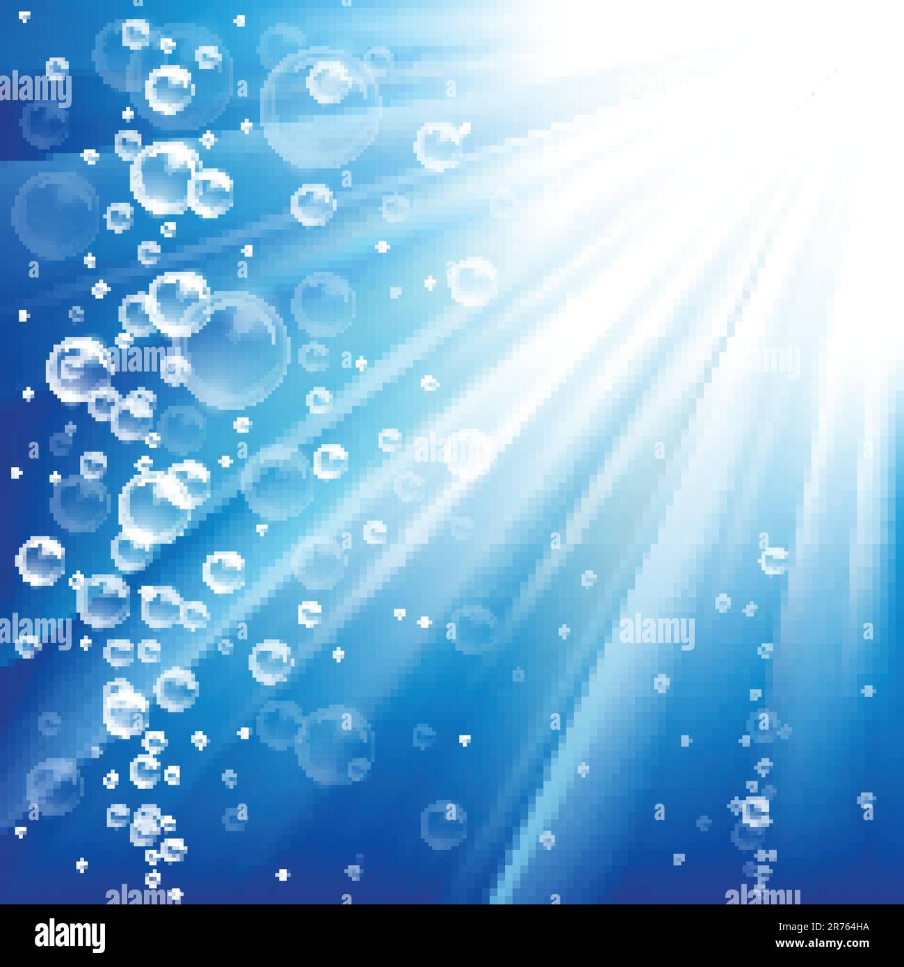 Oceano blu sott'acqua con bolle con raggi di luce Illustrazione Vettoriale