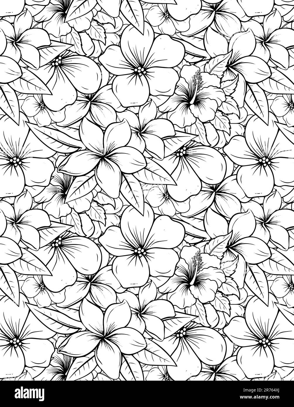 Fiori colorazione primavera e estate ornamento doodle. Doodle pittura arte con fiori e foglie contorno bianco e nero. Modello Zentangle per colorina Foto Stock