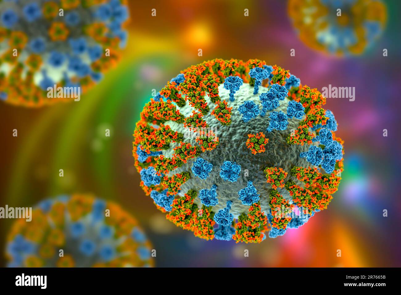 Virus influenzale. Illustrazione che mostra un virus influenzale con picchi di glicoproteina di superficie emagglutinina (ha, trimero) e neuraminidasi (NA, tetramero). Il g Foto Stock