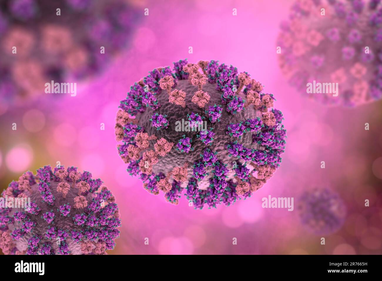 Virus influenzale. Illustrazione che mostra un virus influenzale con picchi di glicoproteina di superficie emagglutinina (ha, trimero) e neuraminidasi (NA, tetramero). Il g Foto Stock