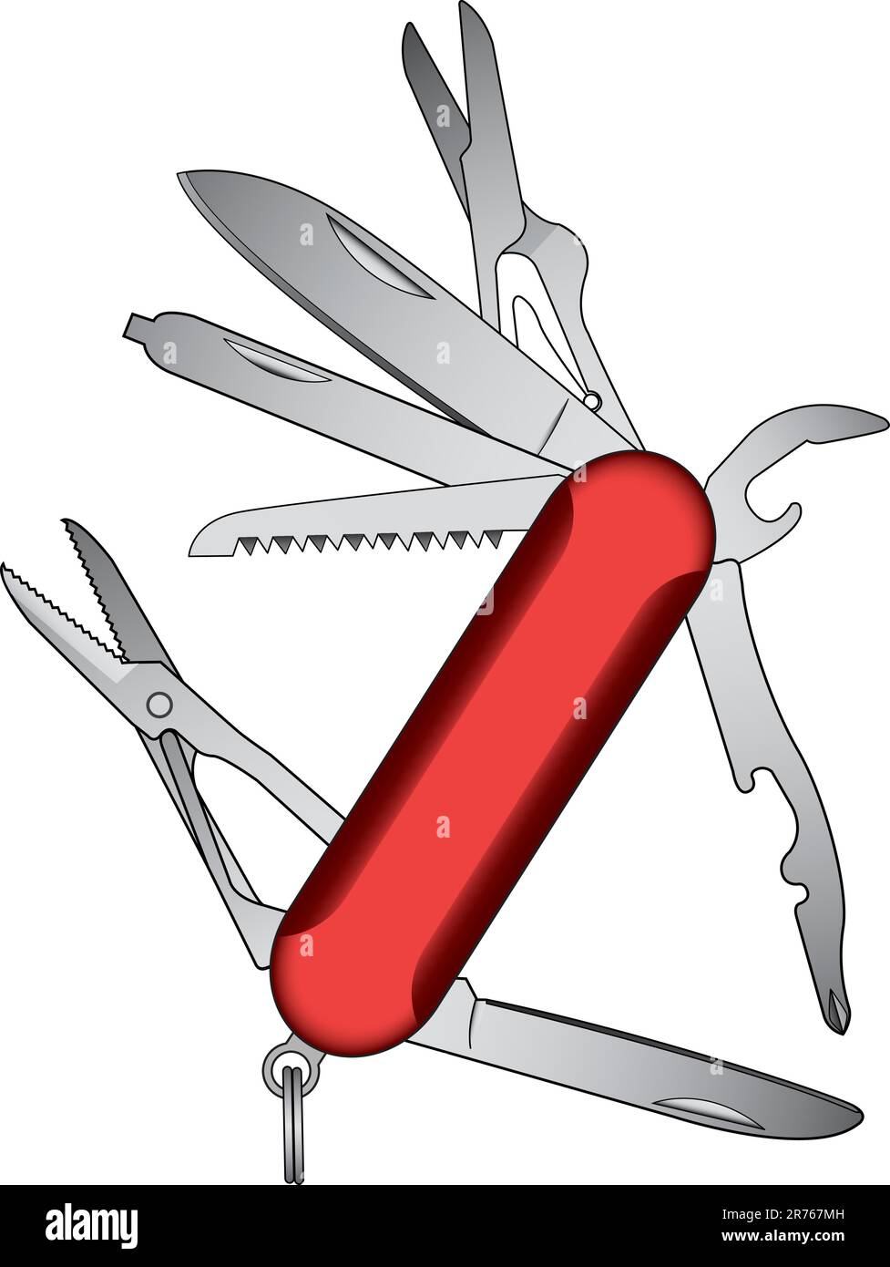 Coltello tascabile in stile militare rosso con utensili multiuso. Illustrazione Vettoriale