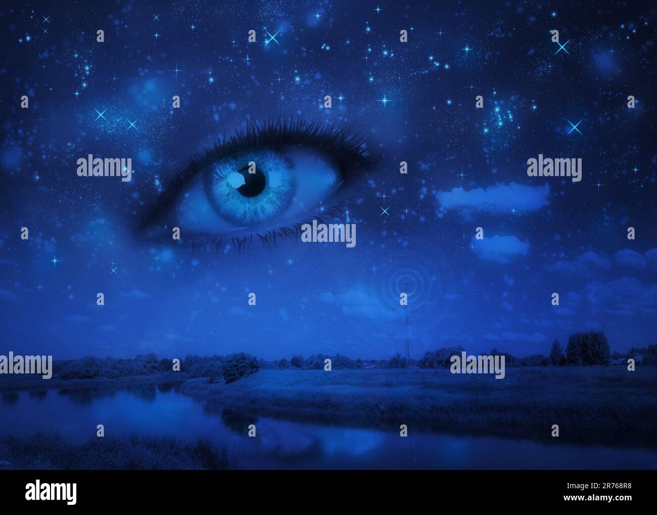Paesaggio notturno surreale con 3D occhio umano nel cielo, illustrazione astratta. Foto Stock