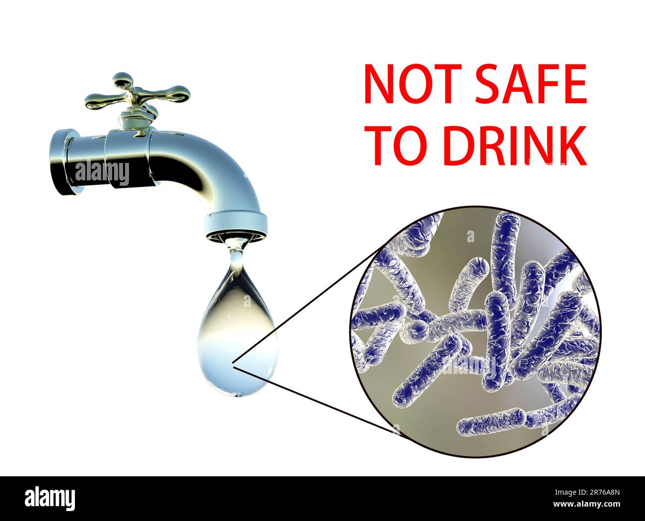 Sicurezza dell'acqua potabile, immagine concettuale che mostra i microbi in una goccia di acqua di rubinetto. Foto Stock