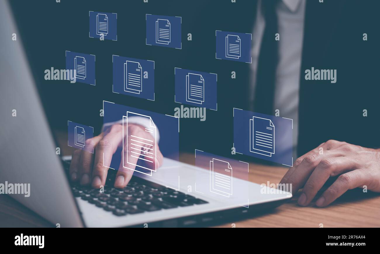 Database di documentazione online e concetto di sistema di gestione dei documenti. Automazione dei processi per gestire i file in modo efficiente. Foto Stock