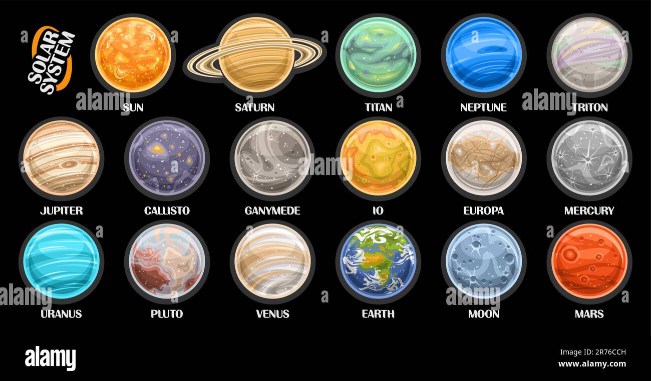 Vector Planet set, collezione lotto di illustrazioni di sistema solare pianeti e satelliti cartoon, set di diversi corpi celesti rotondi superficie Illustrazione Vettoriale