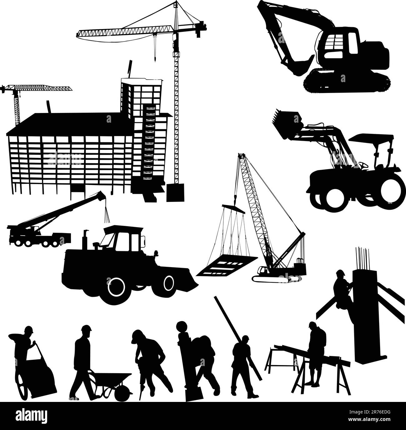 vettore di oggetti da costruzione (gru - lavoratore - edificio - skimmer) Illustrazione Vettoriale